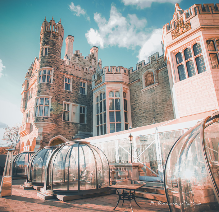 The garden side facet of Casa Loma with dinning domes