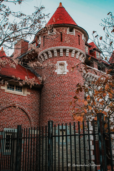 A round brick tower and turret which is a part of the stable of Casa Loma